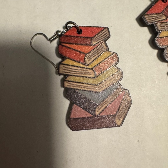 Colorful Wood Book Stack Earrings - Picture 2 of 2